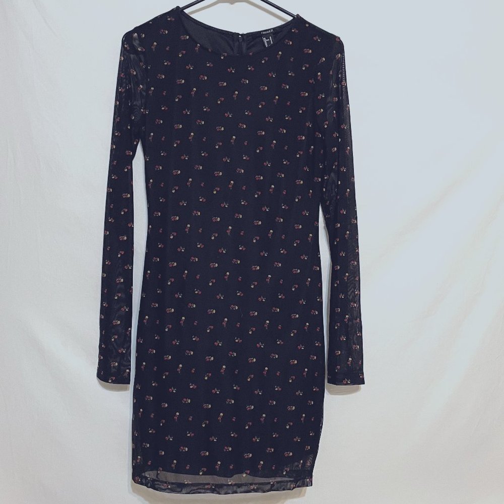 Forever 21 Black Floral Flower Print Sheer Dress Long Sleeve Black Lining Sz M